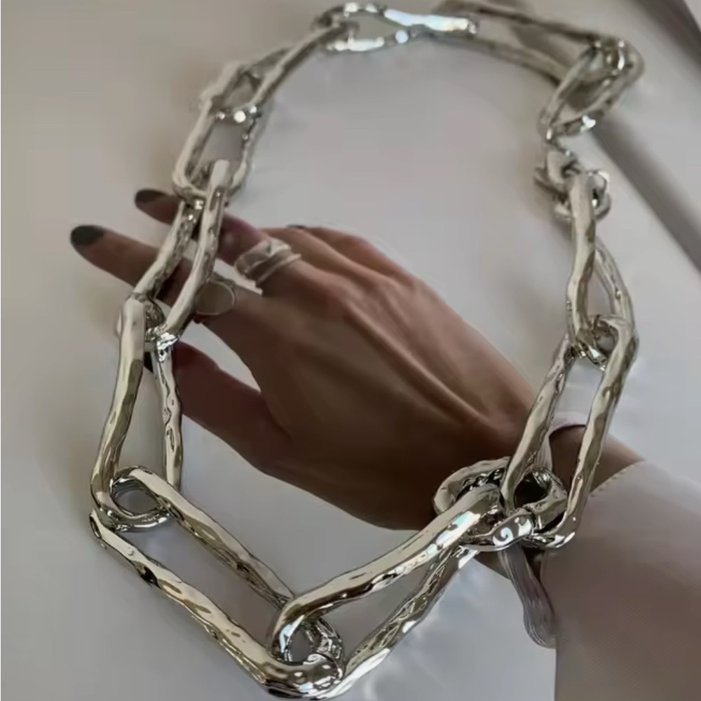NEW Brut Twisted Molten Silver Plated Link Necklace Crumpled Metal JL26
